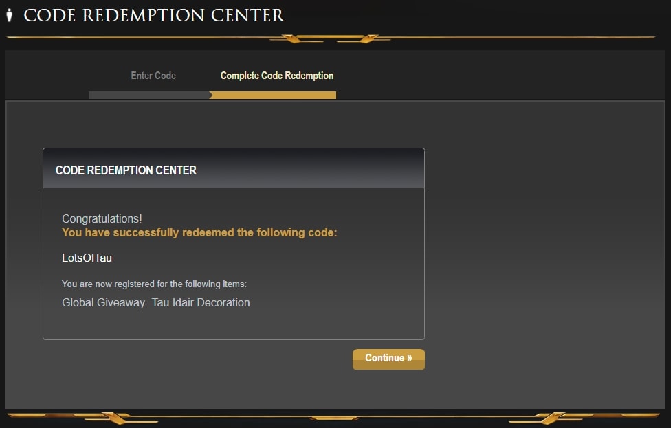 SWTOR Code Redemption for LotsOfTau gift - result successful