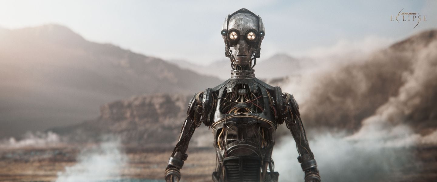 A DROID LOOKS ACROSS A DESOLATE ENVIRONMENT