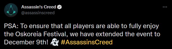 Assassin's Creed Valhalla Oskoreia Festival Duration Extended announcement message