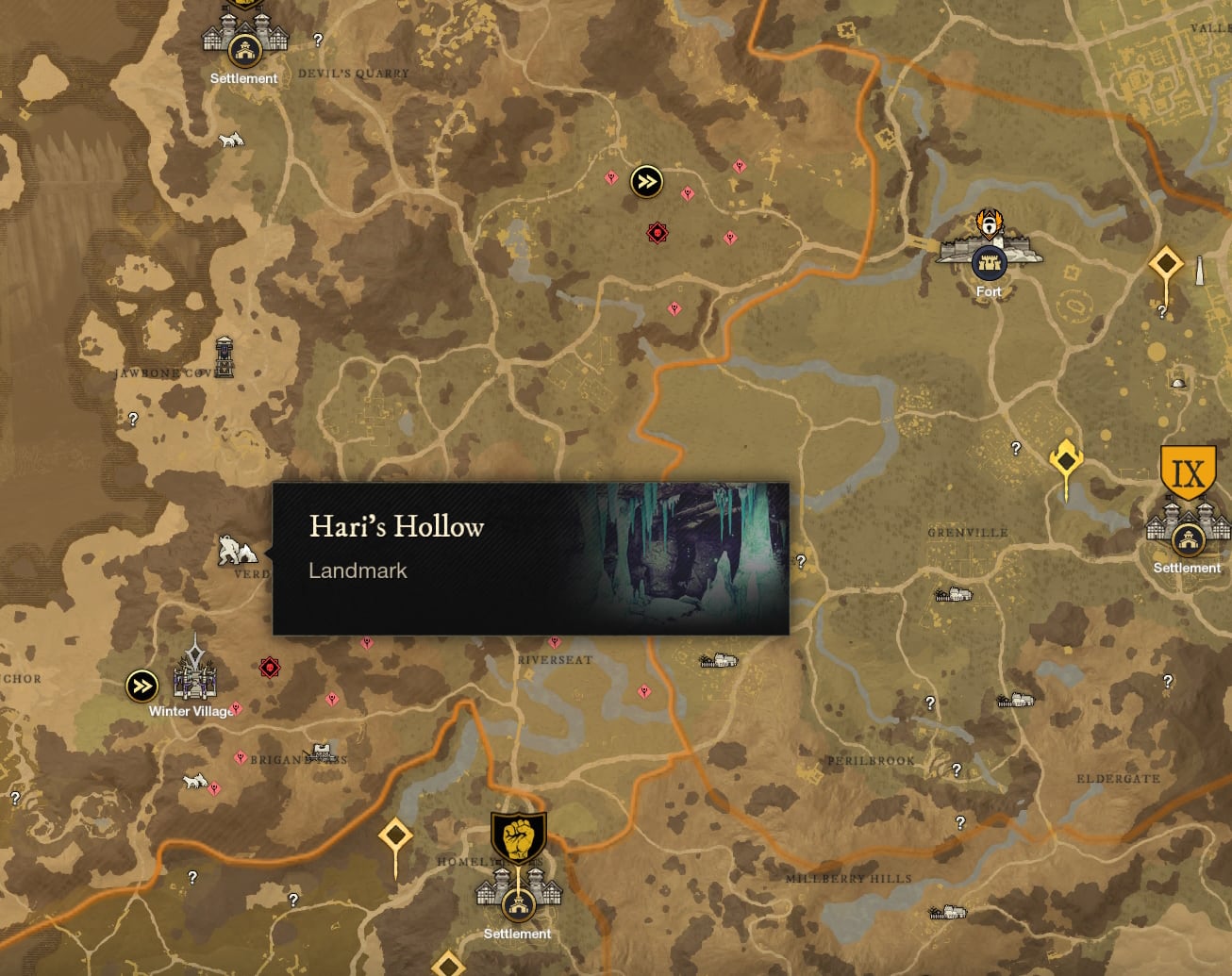 New World Winter Convergence -  A Map showing Hari's Hollow and surrounding area 