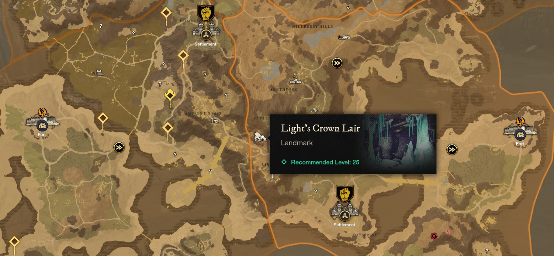New World Winter Convergence -  A Map showing Light's Crown Lair and surrounding area 