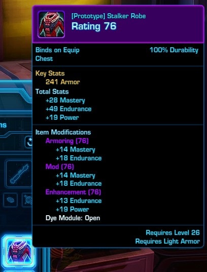 Prototype Stalker Robe - SWTOR leveling at launch
