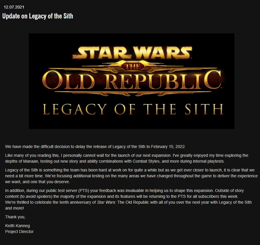 SWTOR 7.0 Legacy of the Sith delayed to February