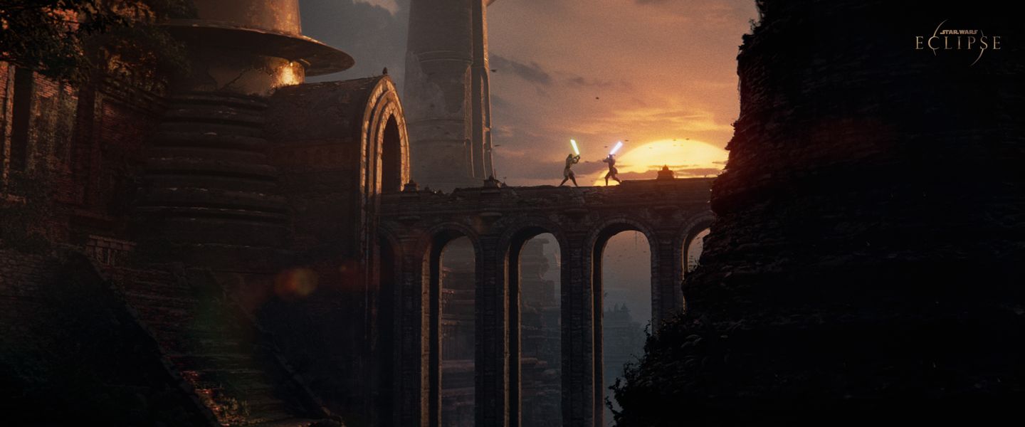 TWO JEDI SPAR WITH THEIR LIGHTSABERS ON A BRIDGE