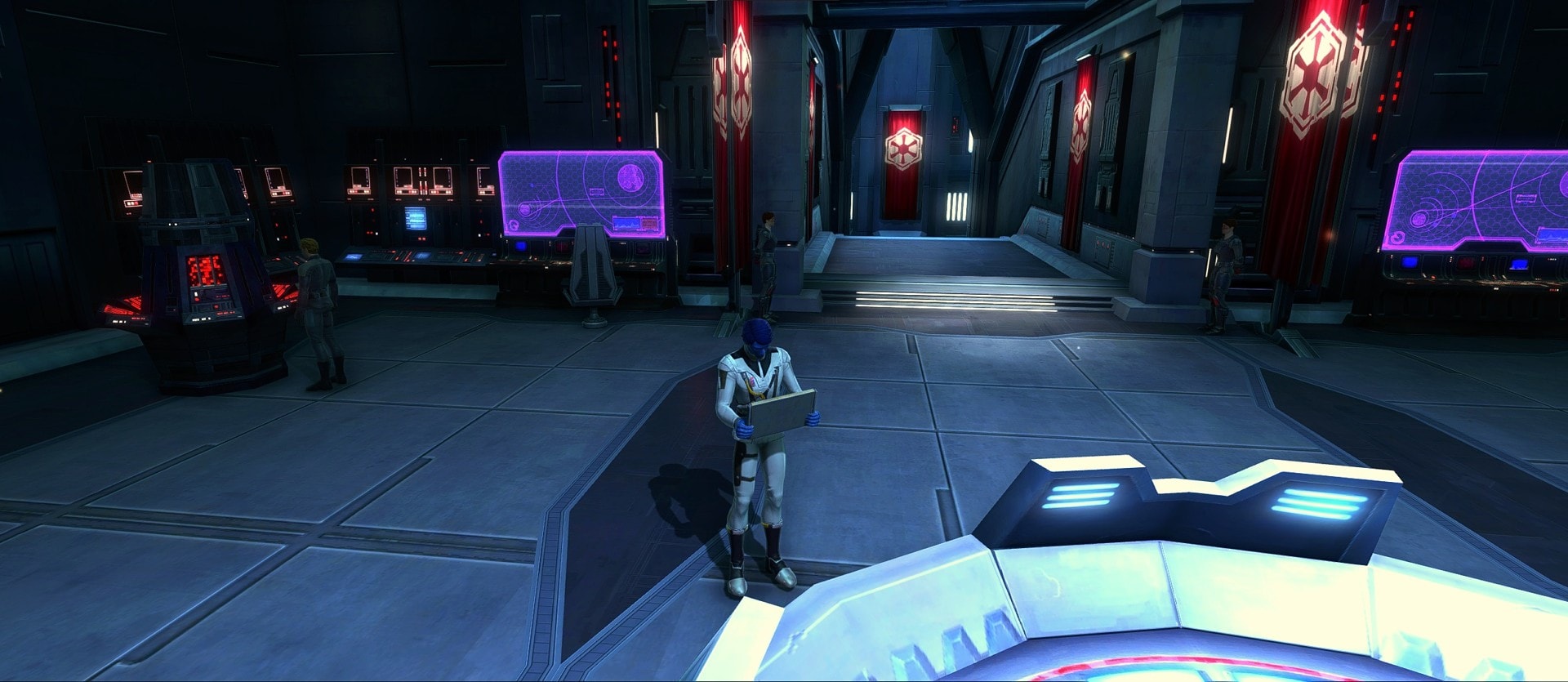 Agent character watching at a Datapad - tacticals removed from SWTOR 7.0
