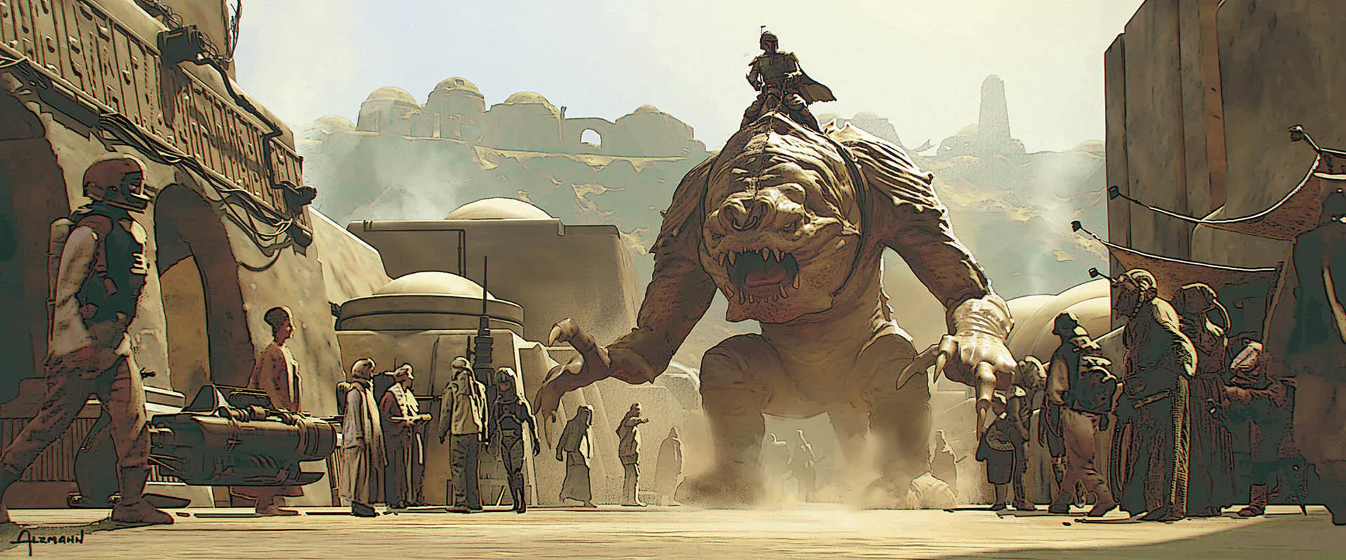 Boba Fett riding a rancor scene