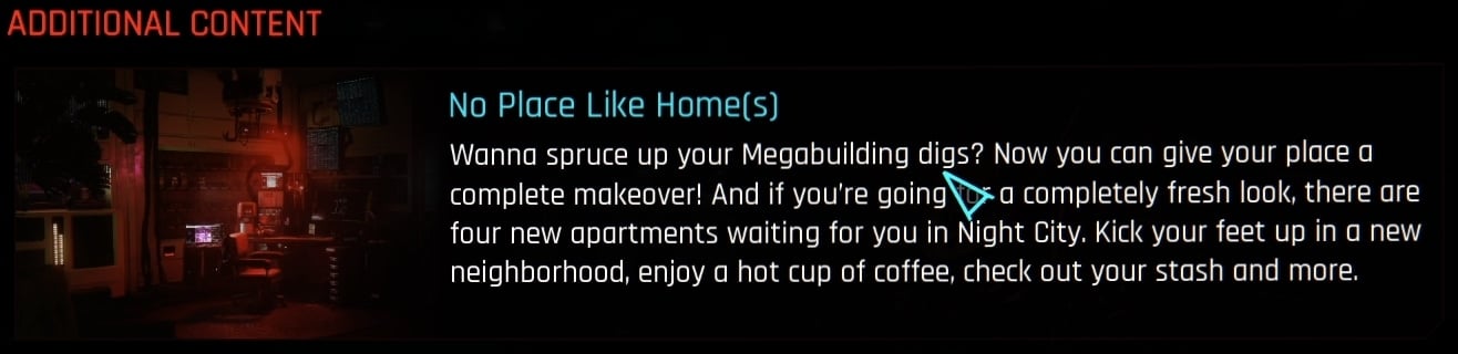 Cyberpunk 2077 Update 1.5 welcome screen DLC notification
