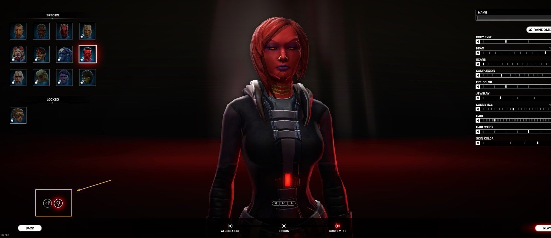 How to create a new character in SWTOR - step 4 - choose gender