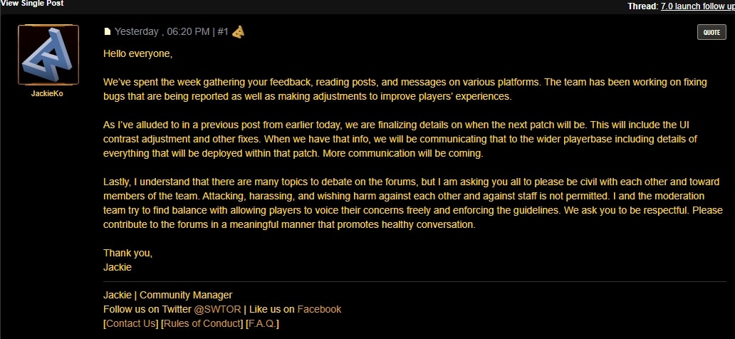 Jackie's SWTOR 7.0 Launch follow-up post