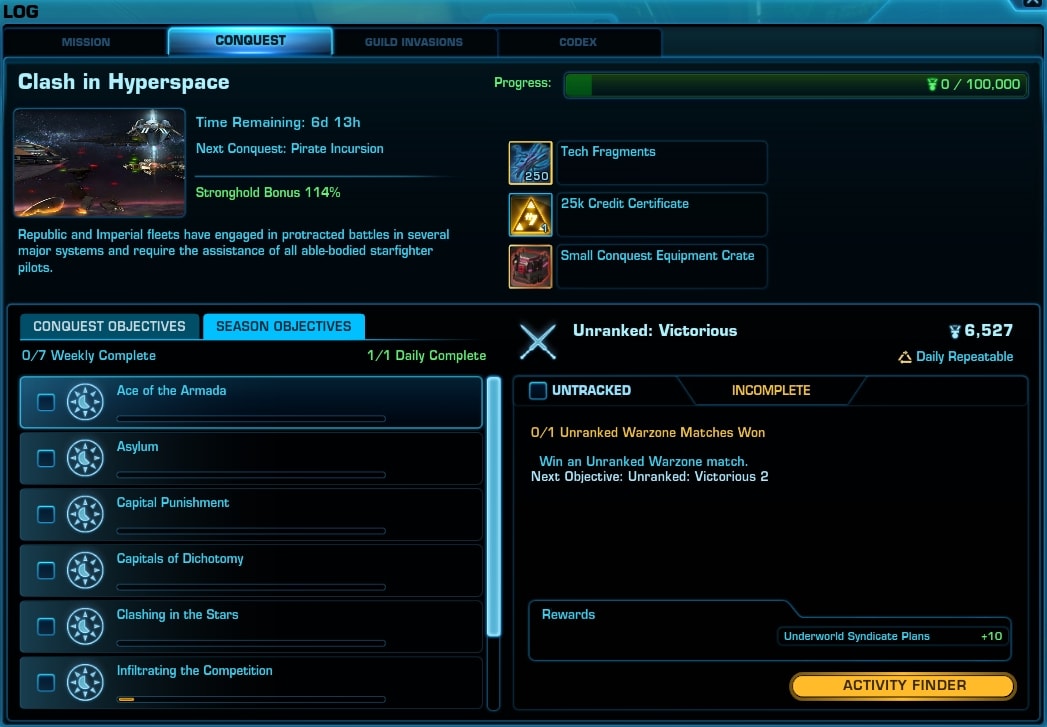 SWTOR 7.0 Galactic Season 2 Objectives Tab