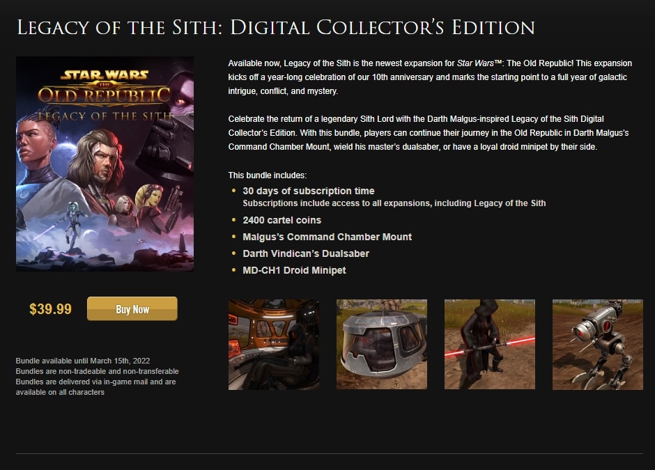 SWTOR Legacy of the Sith Digital Collector's Edition