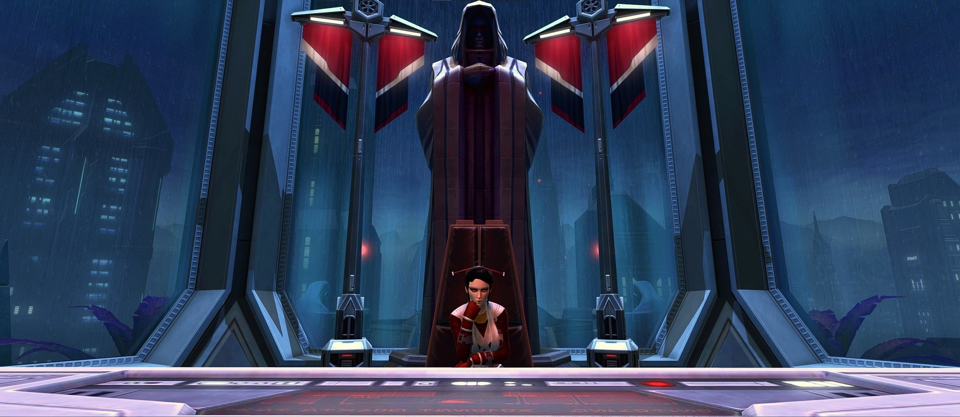 SWTOR Sith Inquisitor in her Stronghold, sitting on her throne