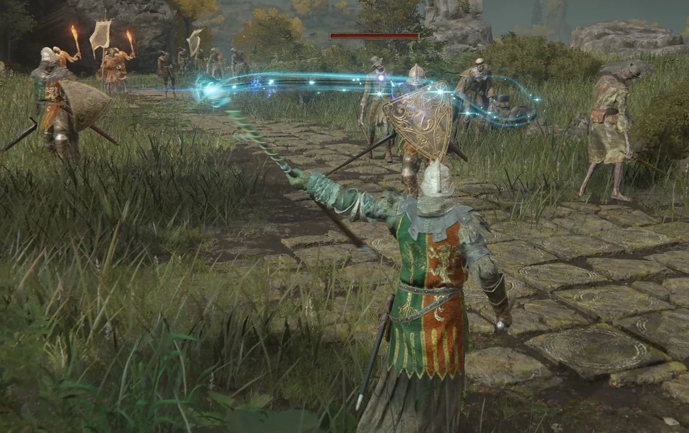 Soldiers following the caravan with the two giants