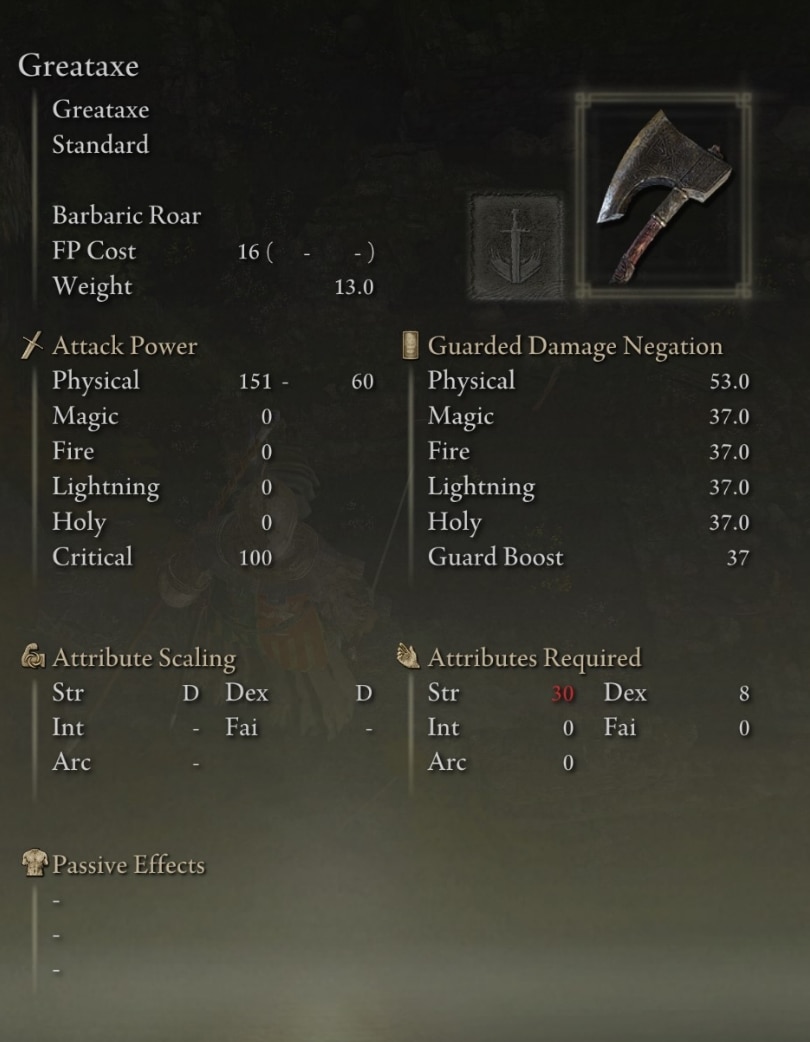Stats and requirements for the Greataxe in Elden Ring
