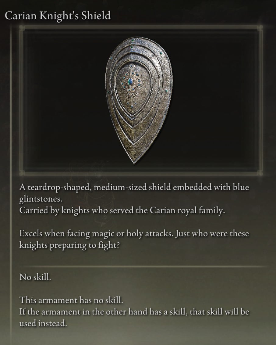 Weapon Locations at the Academy of Raya Lucaria - Carian Knight's Shield description