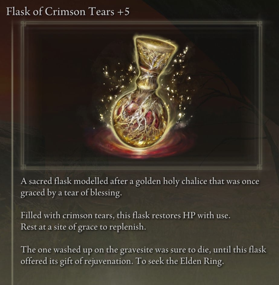 How to upgrade Flasks Elden Ring - Flask of Crimson Tears (HP Regen) description