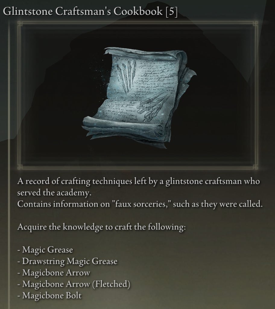 Items Locations at the Academy of Raya Lucaria - Glintstone Craftsman's Cookbook 5 description