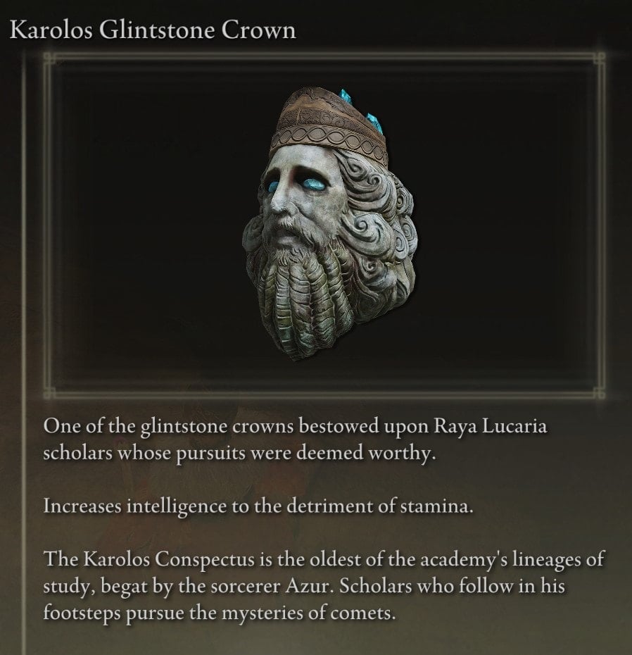 Armor Locations at the Academy of Raya Lucaria - Karolos Glintstone Crown description