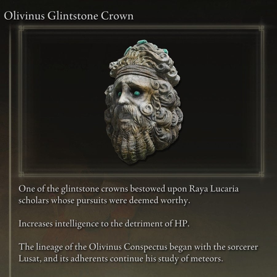 Armor Locations at the Academy of Raya Lucaria - Olivinus Glintstone Crown description