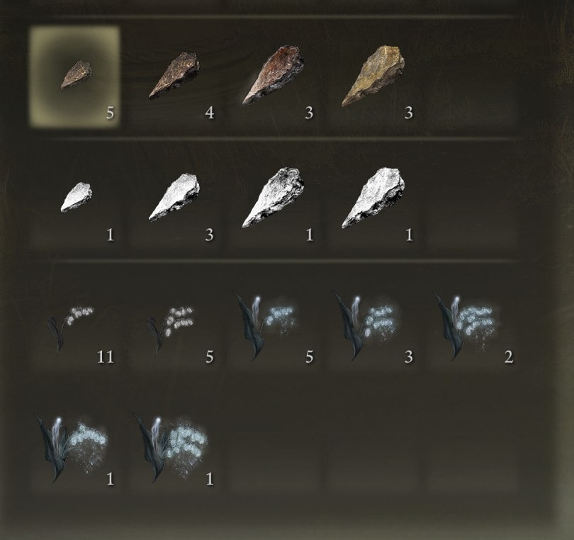 Dofferent types and tiers of smithing stones and other upgrade elements in Elden Ring