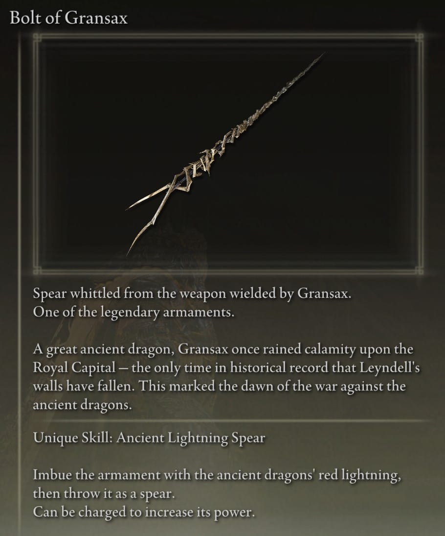 Bolt of Gransax Legendary Weapon description