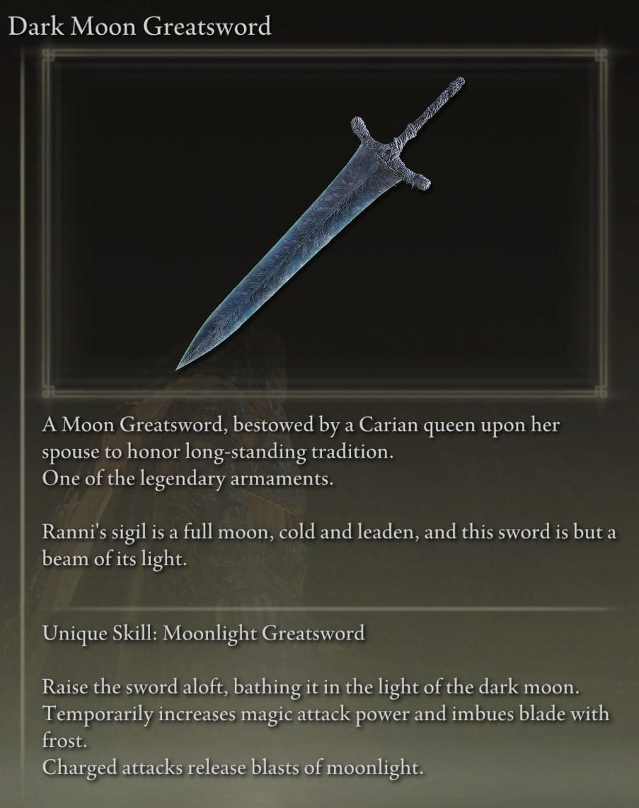 Dark Moon Greatsword Legendary Weapon description