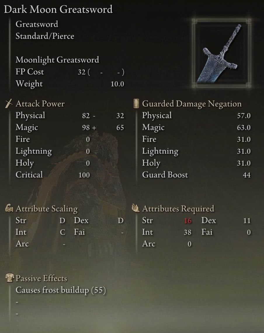 Dark Moon Greatsword Legendary Weapon stats