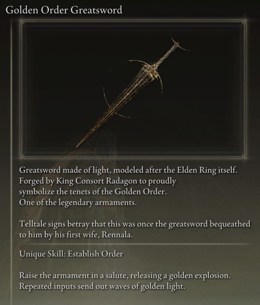 Golden Order Greatsword Legendary Weapon description