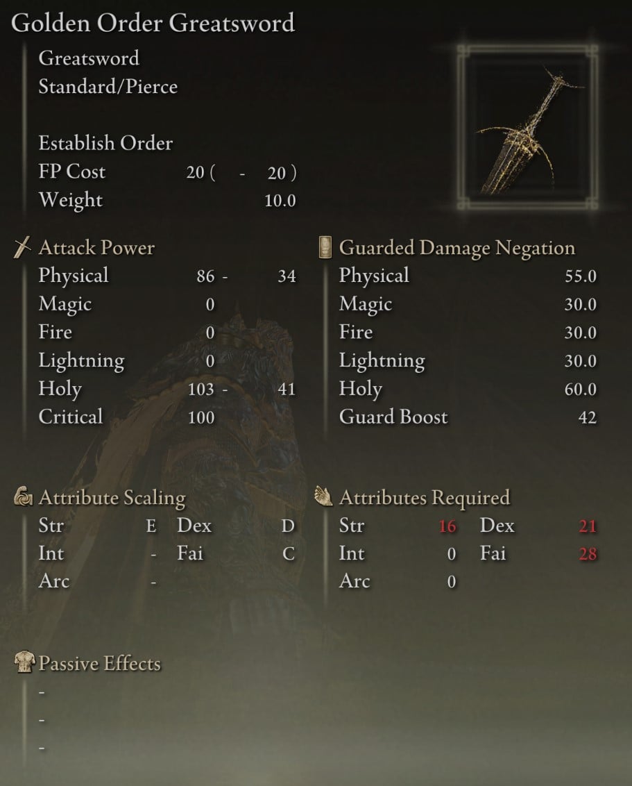 Golden Order Greatsword Legendary Weapon stats