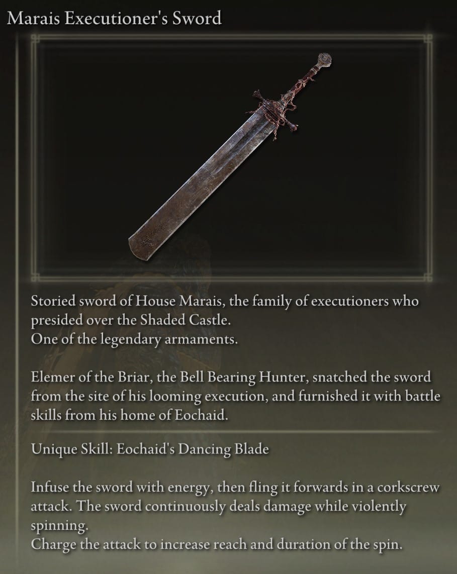 Marais Executioner's Sword Legendary Weapon description