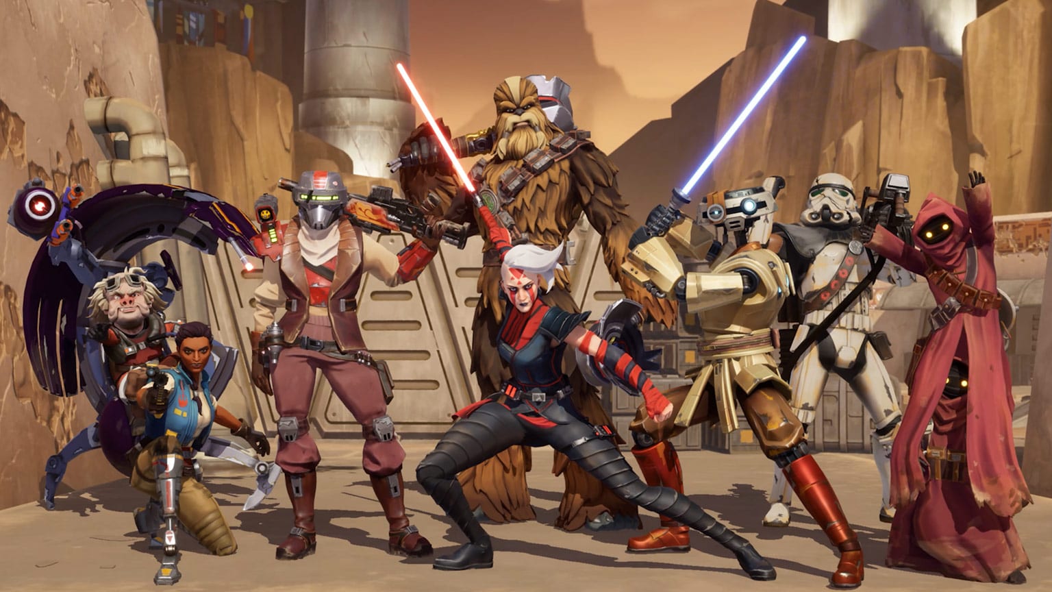 The characters from Star Wars Hunters posing heroically