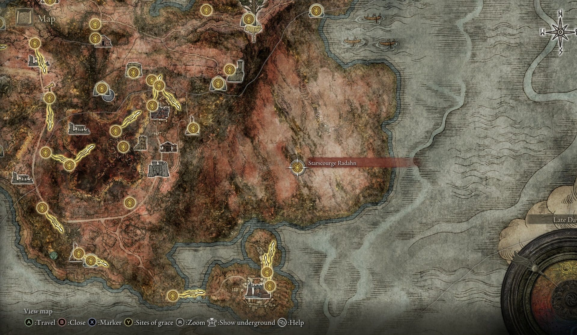 Map showing the location of the boss arena with Radahn