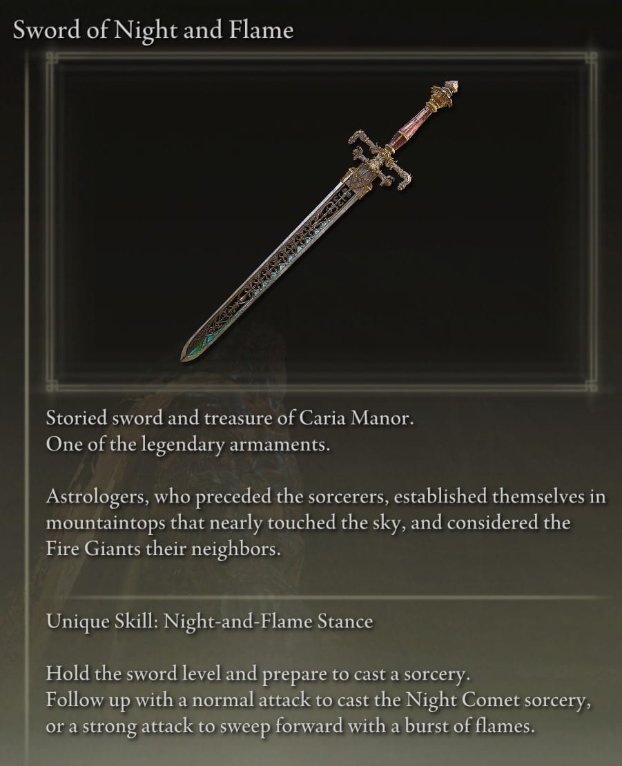Sword of Night and Flame Legendary Weapon description