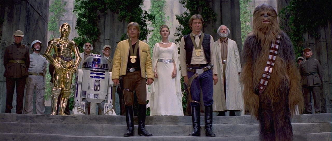 Final scene from Star Wars Episode 4 - the heroes get their medals (except for Chewie, D'oh)