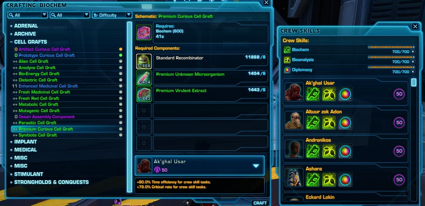The current Crafting Window in SWTOR 7.0