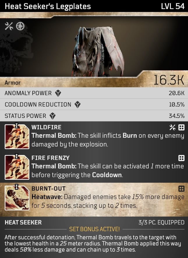 Outriders Worldslayer Pyromancer Build - Heat Seeker's Legplates