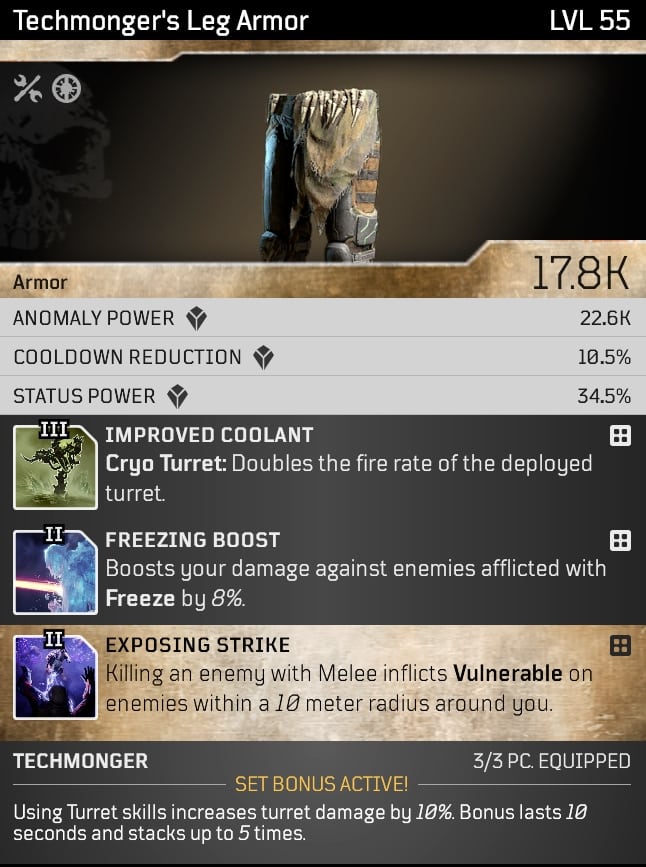 Outriders Worldslayer Technomancer Build - Technomonger's Leg Armor