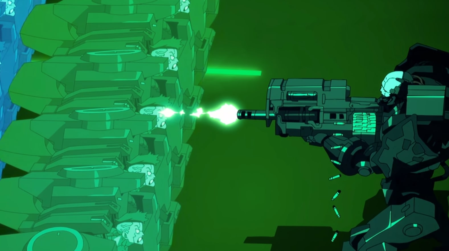 Adam Smasher using a Turret Gun against David in Edgerunners