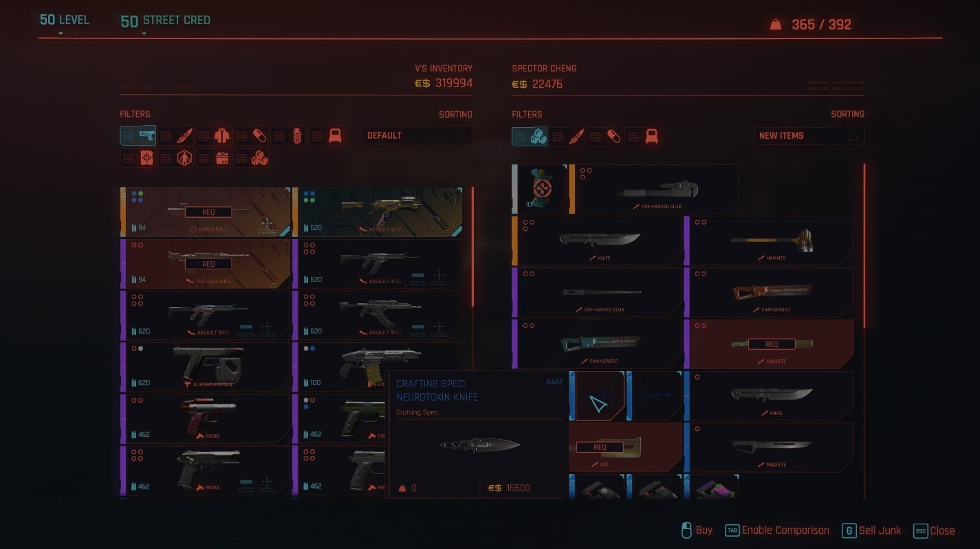 Crafting schematics for new Cyberpunk 2077 1.6 weapons