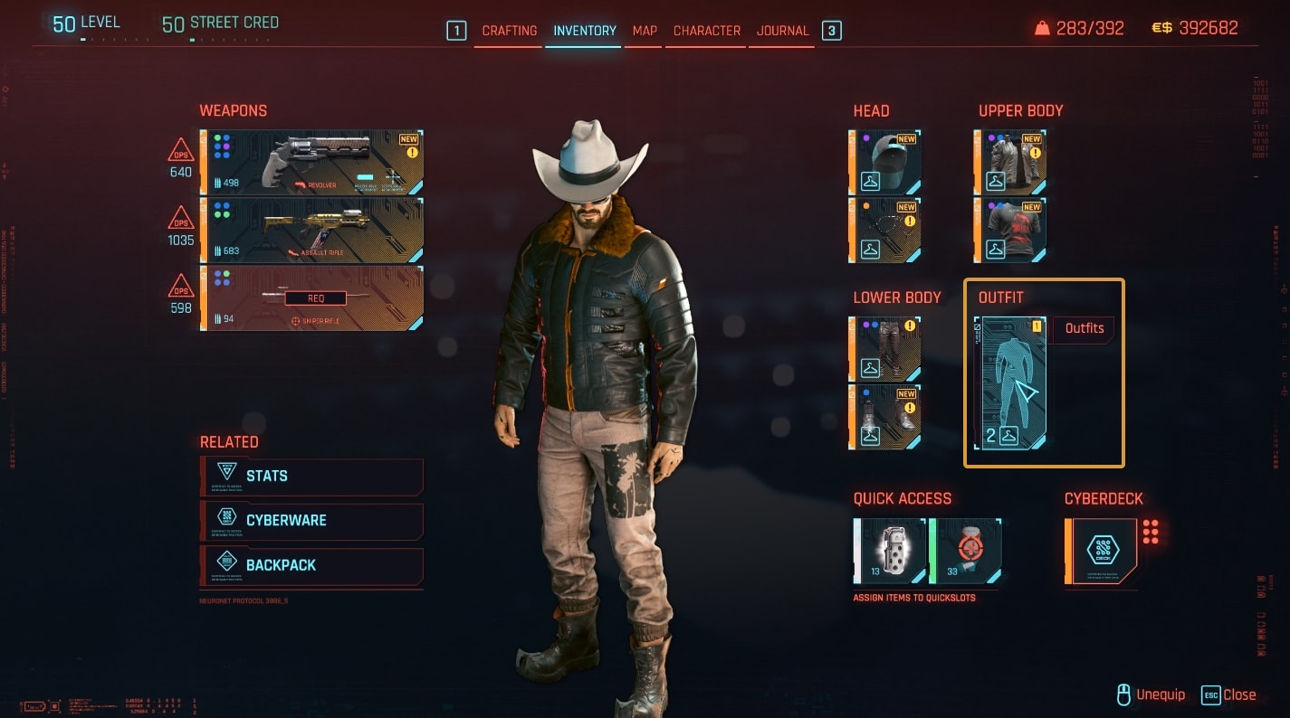 How to access your ouftits from the Inventory in Cyberpunk 2077