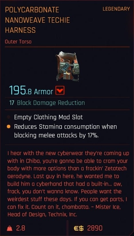 Polycarbonate Nanoweave Techie Harness (Outer Torso) Stats