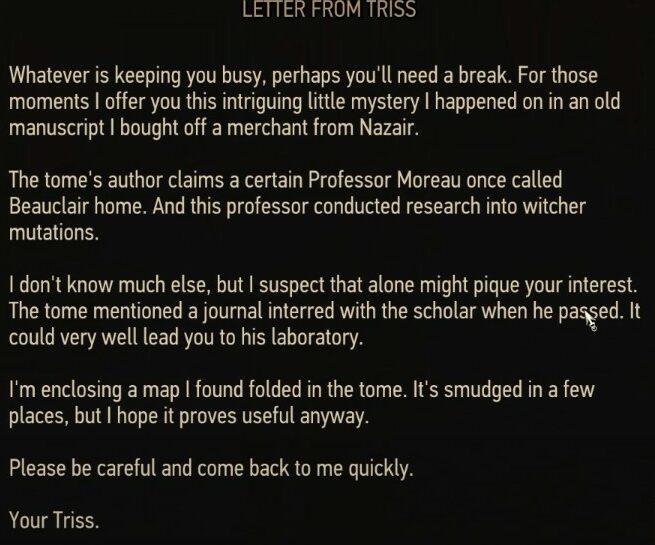 The letter from Triss about professor Moreau and his studies