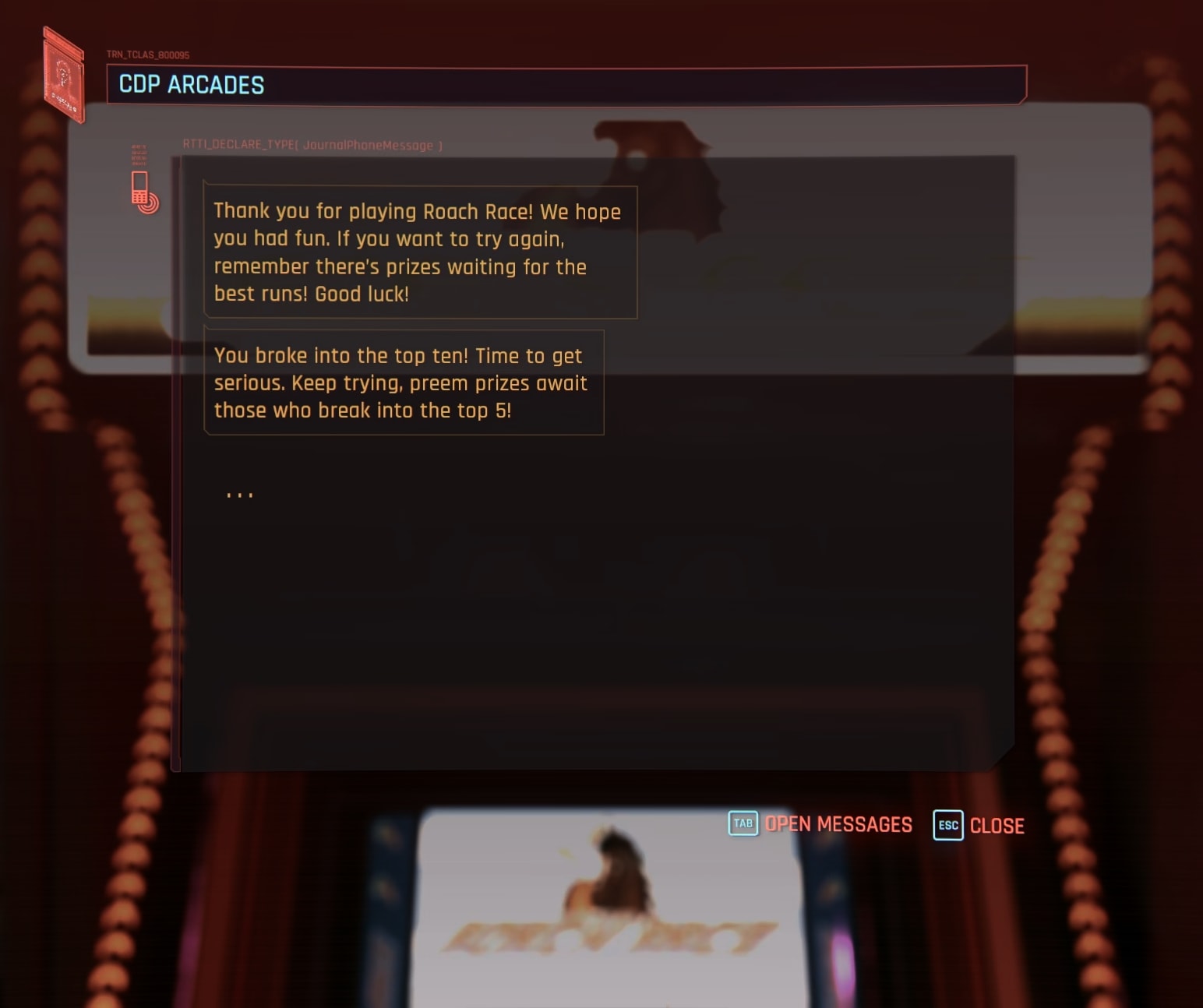V gets a message from CDP Arcades in Cyberpunk 2077 after playing Roach Race