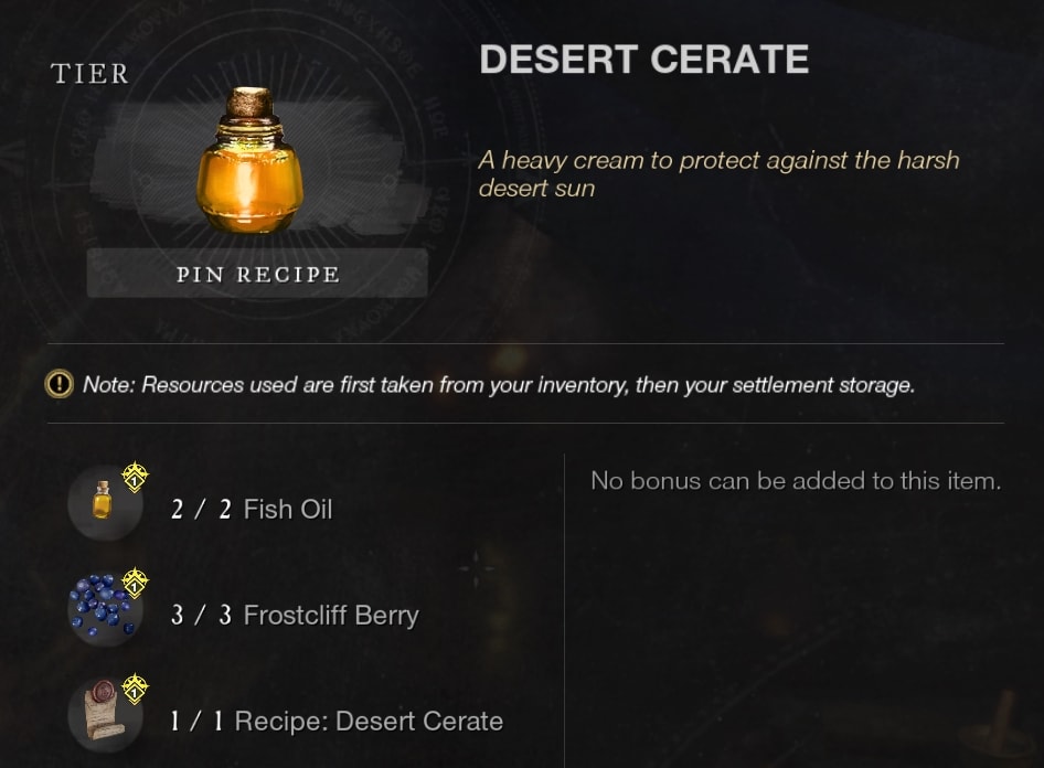 How to access Brimstone Sands - Desert Cerate recipe