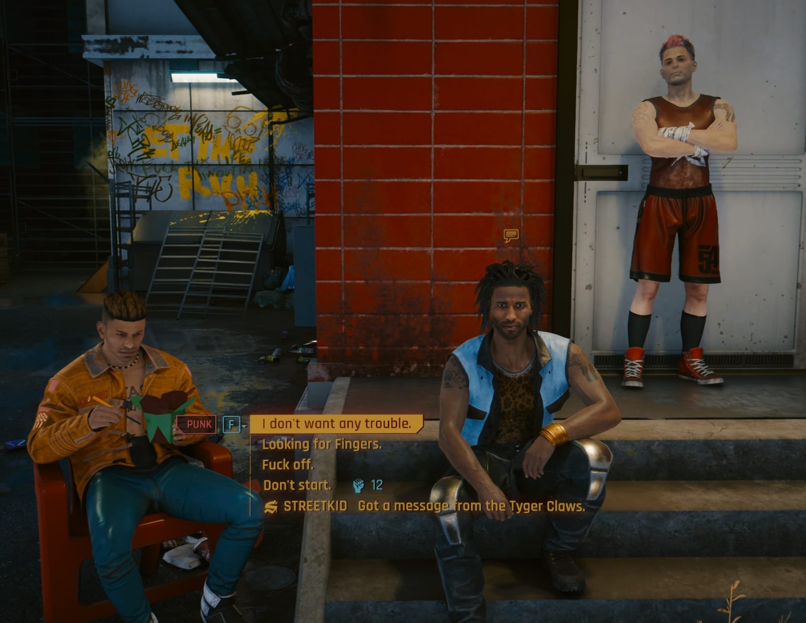 Talking to the gang members in front of Fingers ripperdoc clinic