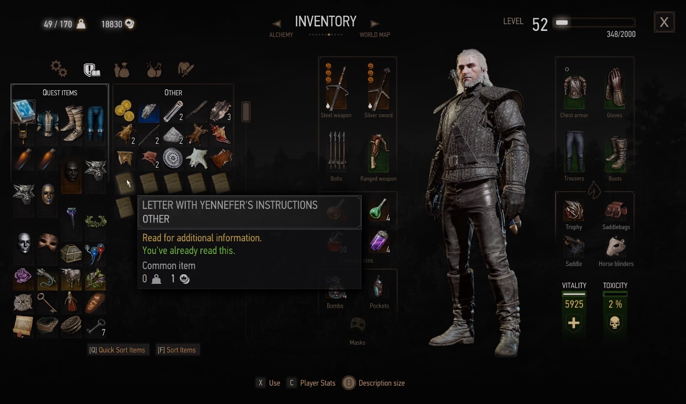 Letter with Yennefer's Instructions - Gear sets in The Witcher 3 Next-Gen