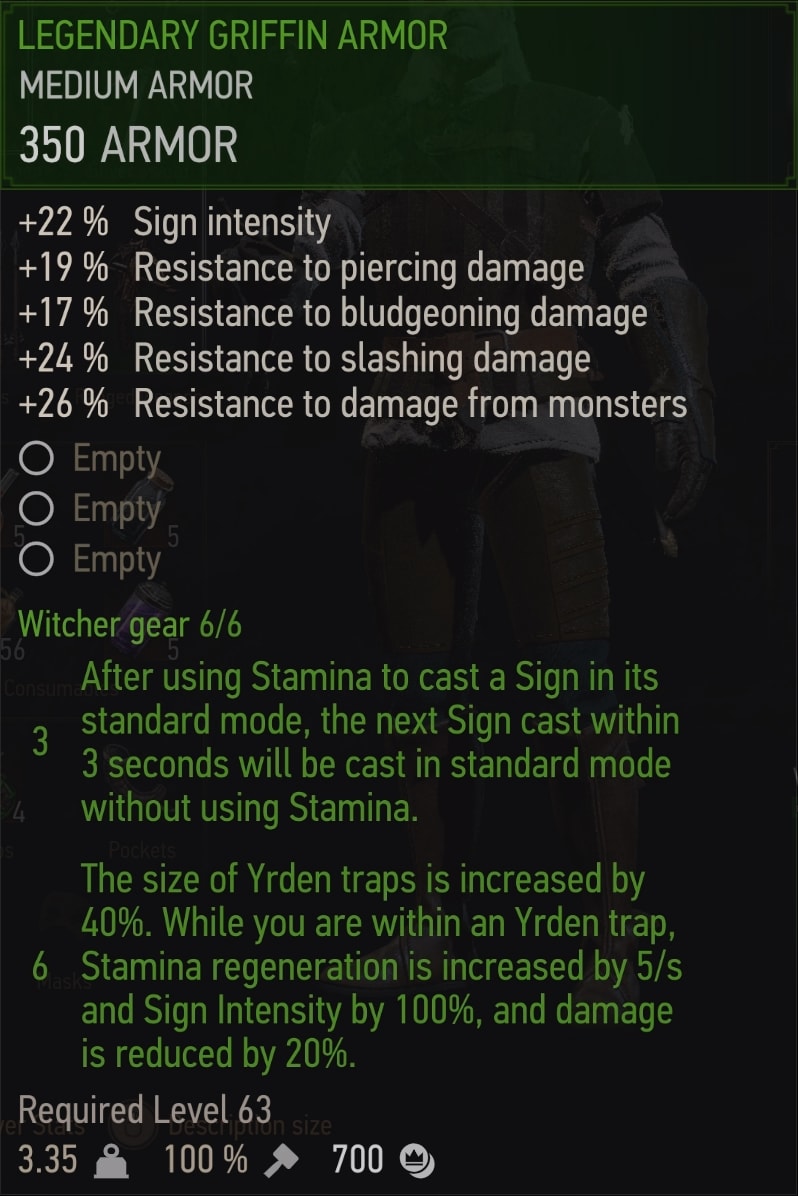 Witcher 3 Legendary Griffin witcher set - Armor Stats