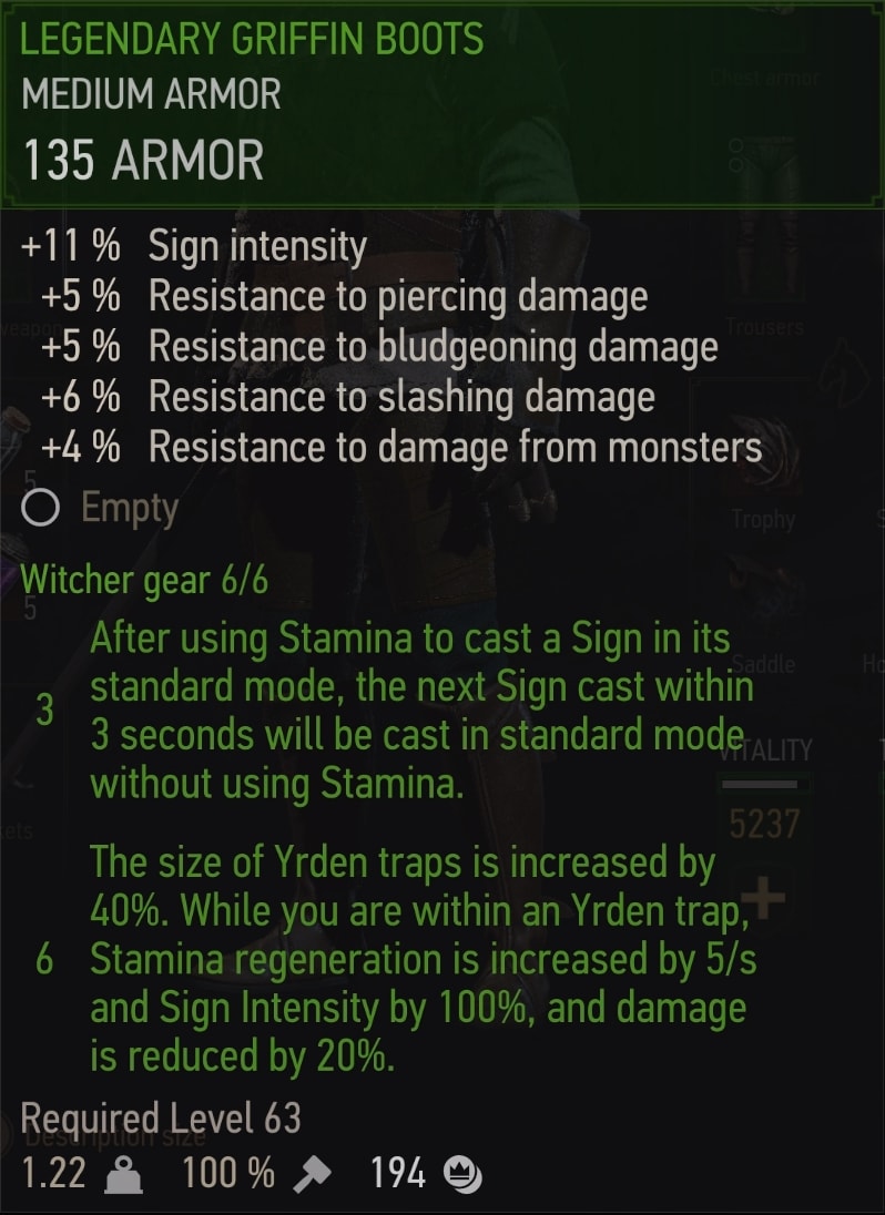 Witcher 3 Legendary Griffin witcher set - Boots Stats