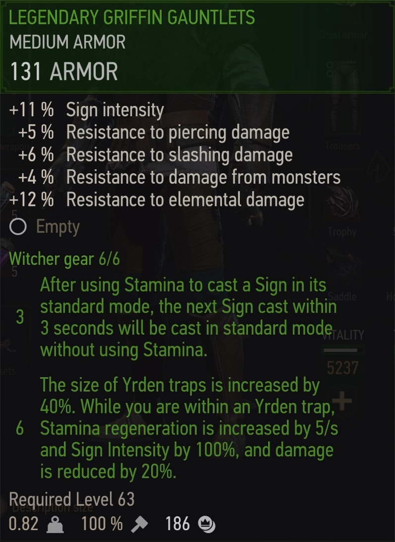 Witcher 3 Legendary Griffin witcher set - Gauntlets Stats