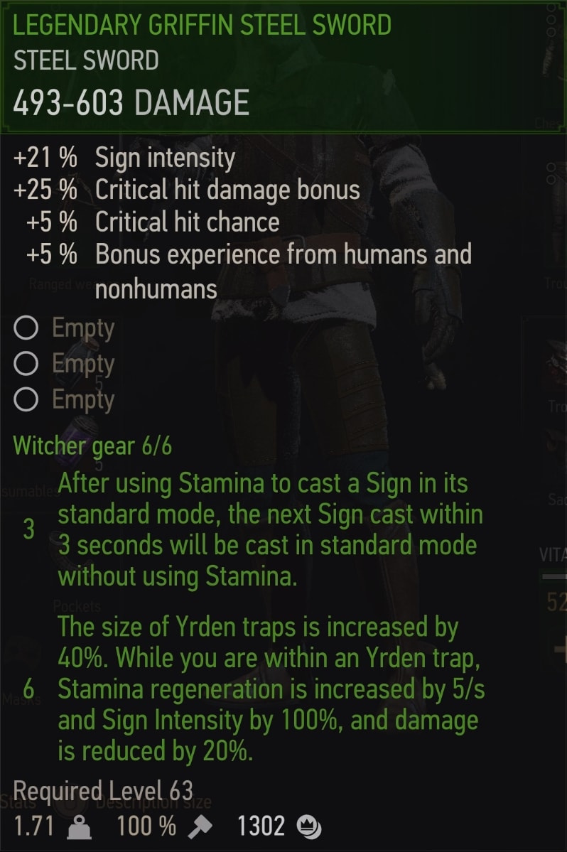 Witcher 3 Legendary Griddin witcher set - Steel Sword Stats